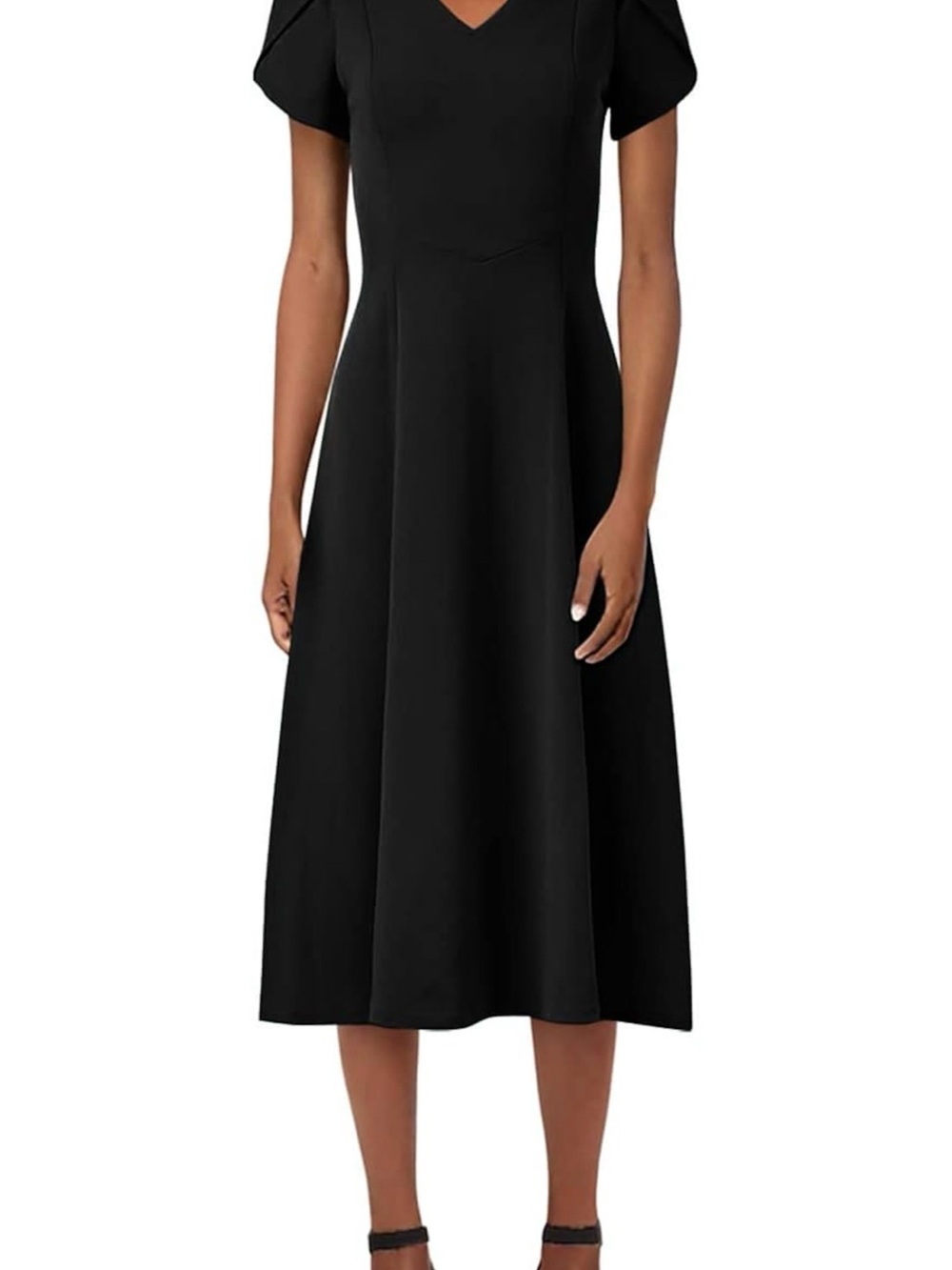 Calvin Klein Black V-Neck Midi Dress with Puff Sleeves